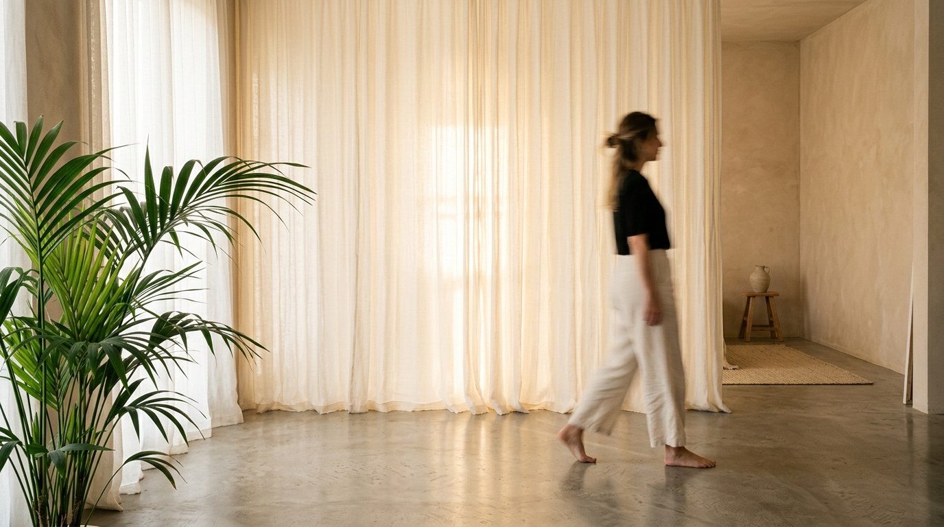 Mujer caminando descalza frente a cortinas translúcidas con luz cálida y una palmera