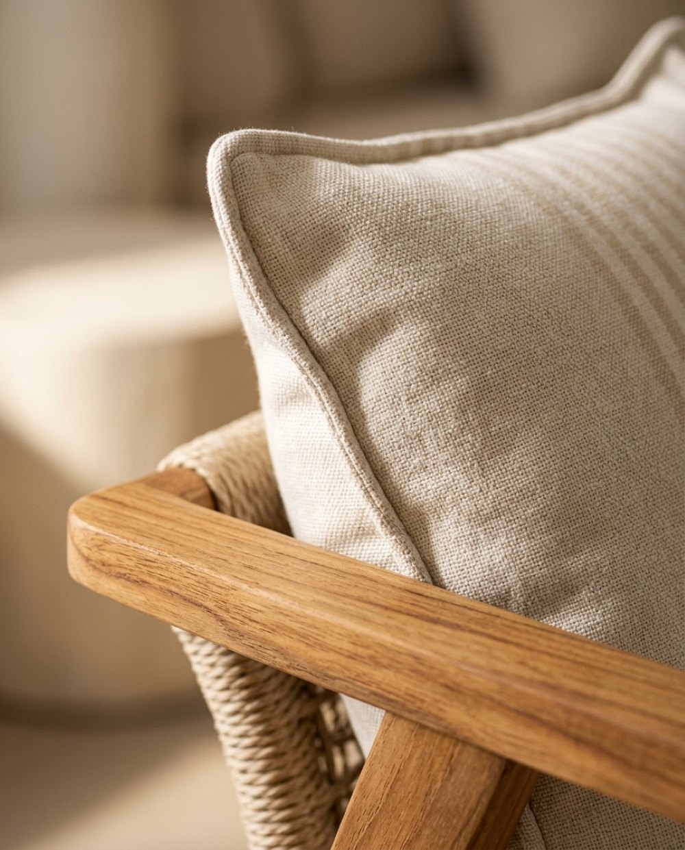 Cojín de lino a rayas sobre madera del Loveseat Riviera